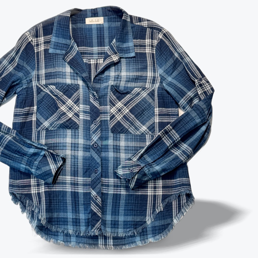 Bella Dahl Button Down Shirt Blue Plaid Frayed Hem Light Flannel Womens Small